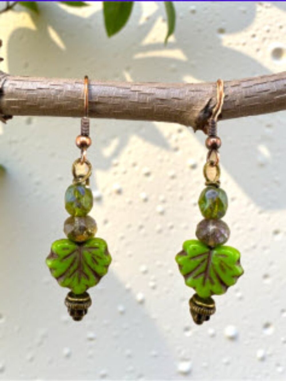 Green Leaf Earrings Czech Glass Botanical Cottagecore Dangle Copper 2" Drop